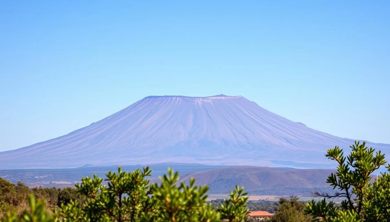 Scenic landscape view of Mount Zuqualla with its distinctive crater rim visible from a distance
