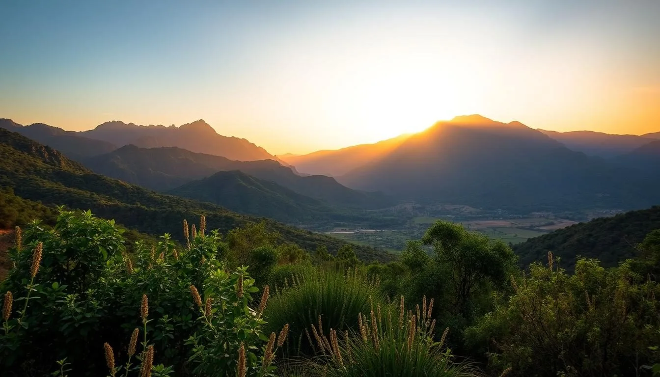 Scenic landscape view of Nechisar National Park with mountains in the background