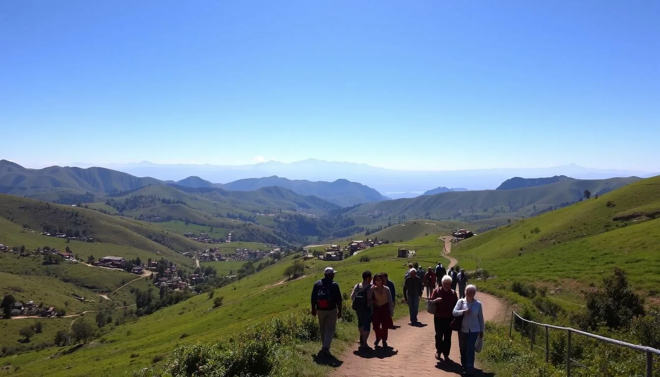 Scenic landscape view of the approach to Mount Choqa with rolling green highlands and distant mountain peaks