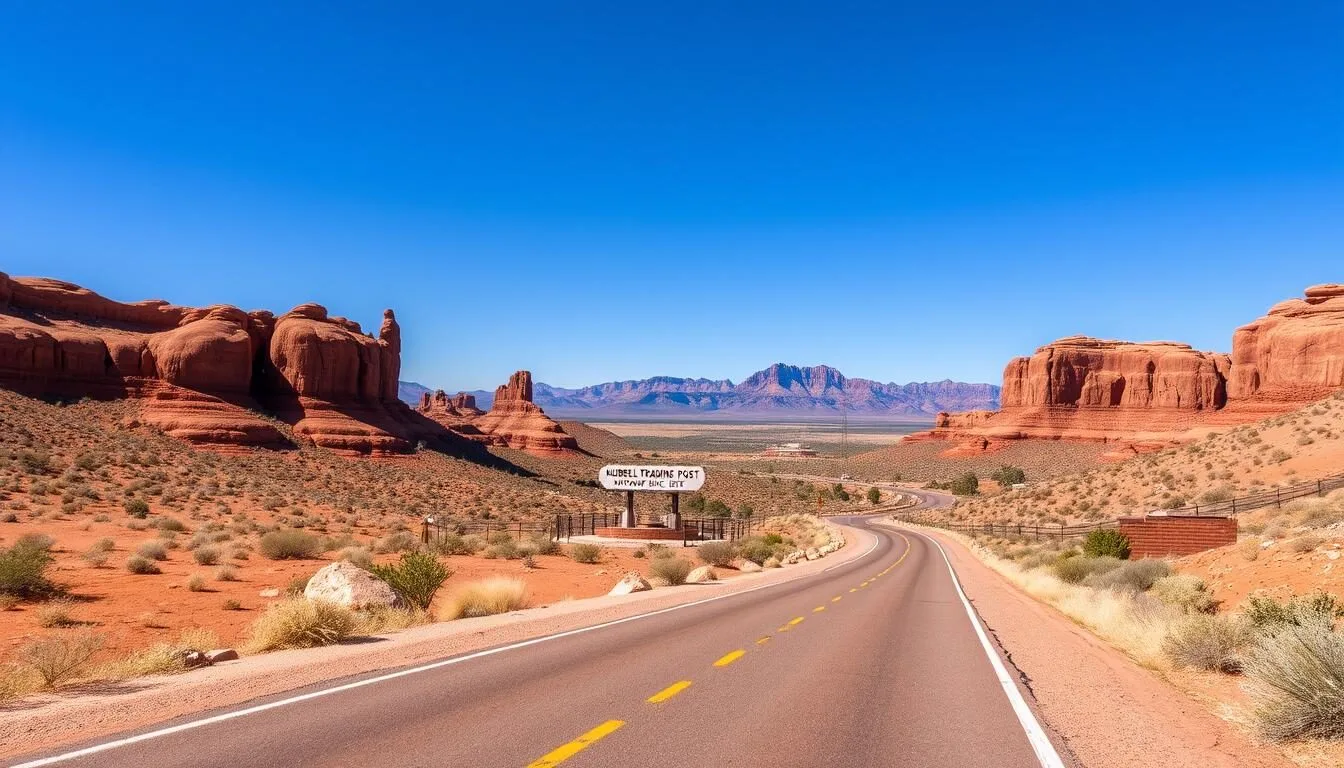 Scenic landscape view of the road leading to Hubbell Trading Post National Historic Site in Arizona