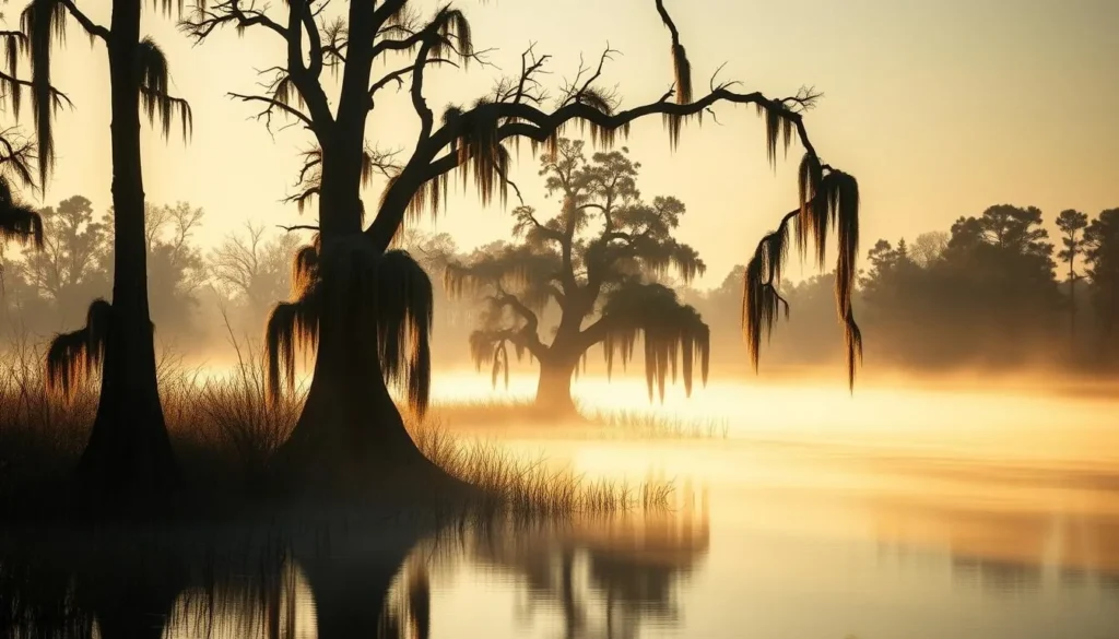 Scenic morning mist over Bayou Bartholomew Louisiana with cypress trees and Spanish moss Scenic morning mist over Bayou Bartholomew Louisiana with cypress trees and Spanish moss