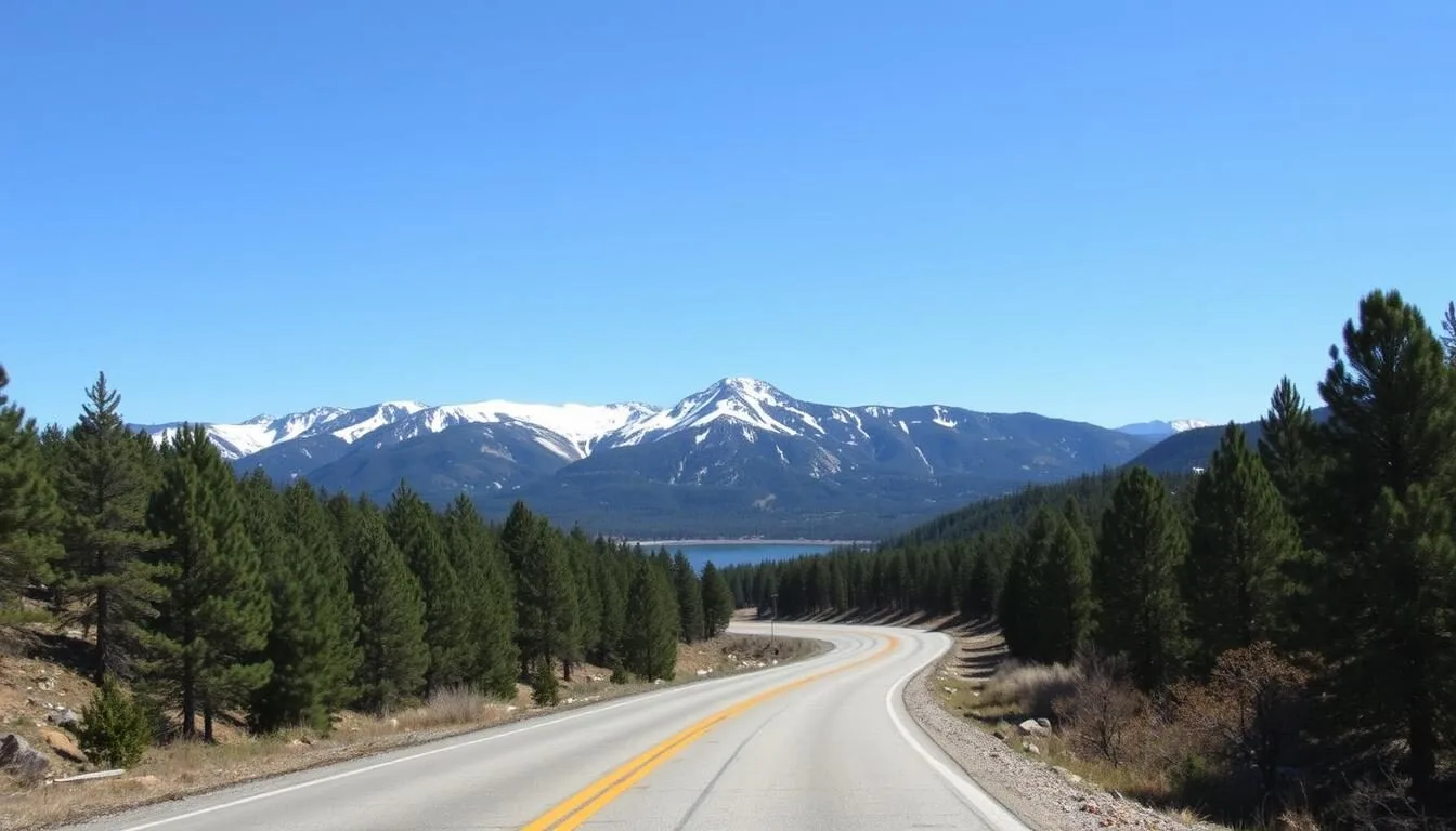 Scenic-mountain-road-leading-to-Eagle-Nest-Lake-State-Park-with-snow-capped-Sangre-de-Cristo Scenic mountain road leading to Eagle Nest Lake State Park with snow-capped Sangre de Cristo Mountains in the background