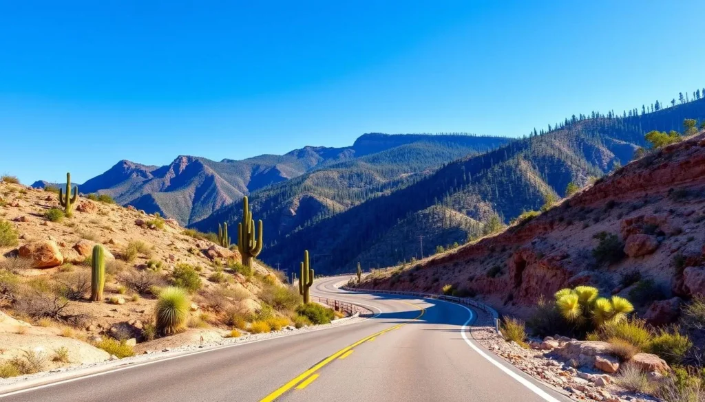 Scenic mountain road leading to Hualapai Mountain Park with desert landscapes transitioning to pine forests Scenic mountain road leading to Hualapai Mountain Park with desert landscapes transitioning to pine forests