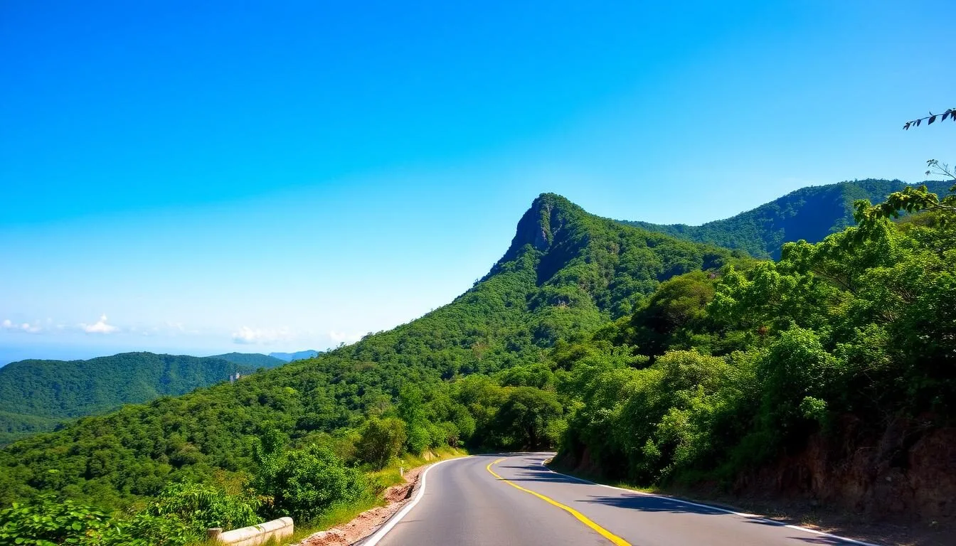 Scenic mountain road leading to Pico Cristal National Park Cuba with lush green vegetation on both sides