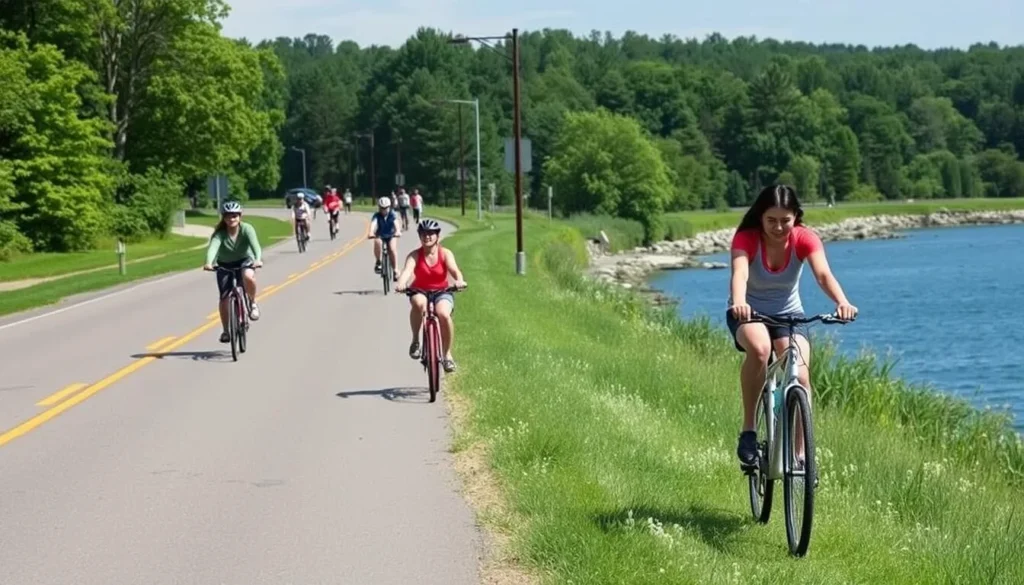 Scenic road along Edinboro Lake with cyclists and pedestrians enjoying the path Scenic road along Edinboro Lake with cyclists and pedestrians enjoying the path