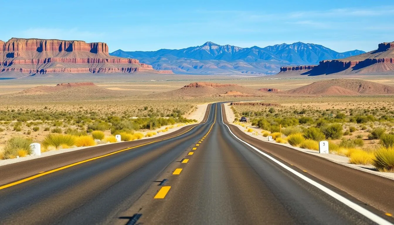 Scenic road leading to Animas River area with mountains and desert landscape