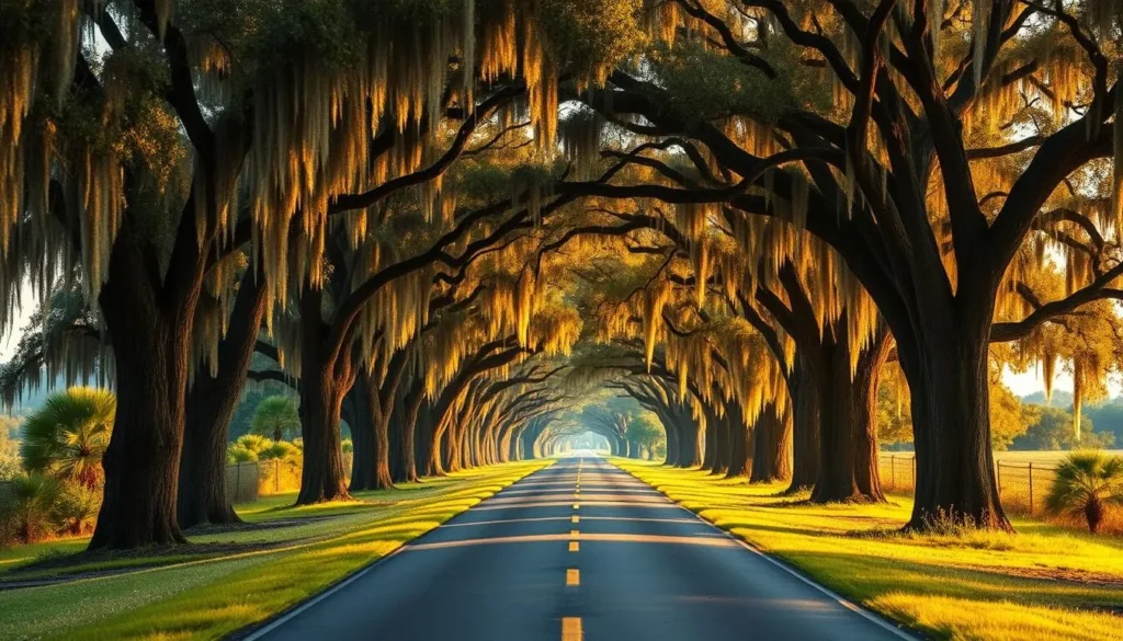 Scenic road leading to Cane River Creole National Historical Park with oak trees and Spanish moss