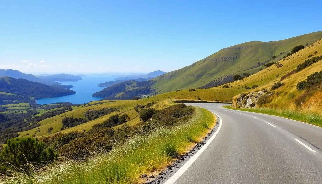 Scenic road leading to Cygnet Tasmania with green hills and water views