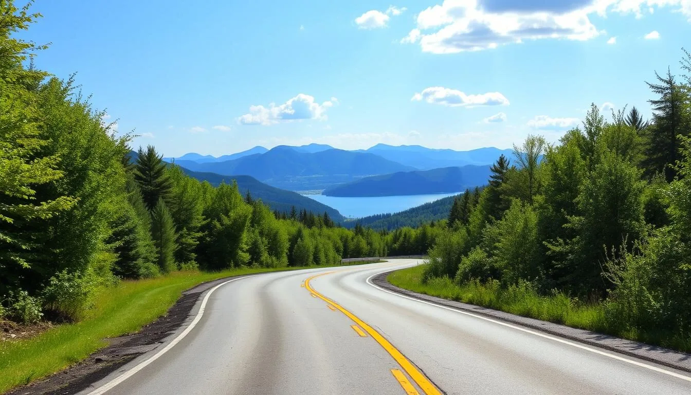 Scenic-road-leading-to-Lake-Genero-with-lush-forests-and-mountains-in-the-background Scenic road leading to Lake Genero with lush forests and mountains in the background