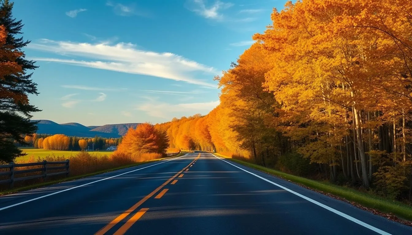 Scenic-road-leading-to-Lake-LeBoeuf-Pennsylvania-with-autumn-foliage-surrounding-the-route Scenic road leading to Lake LeBoeuf, Pennsylvania with autumn foliage surrounding the route
