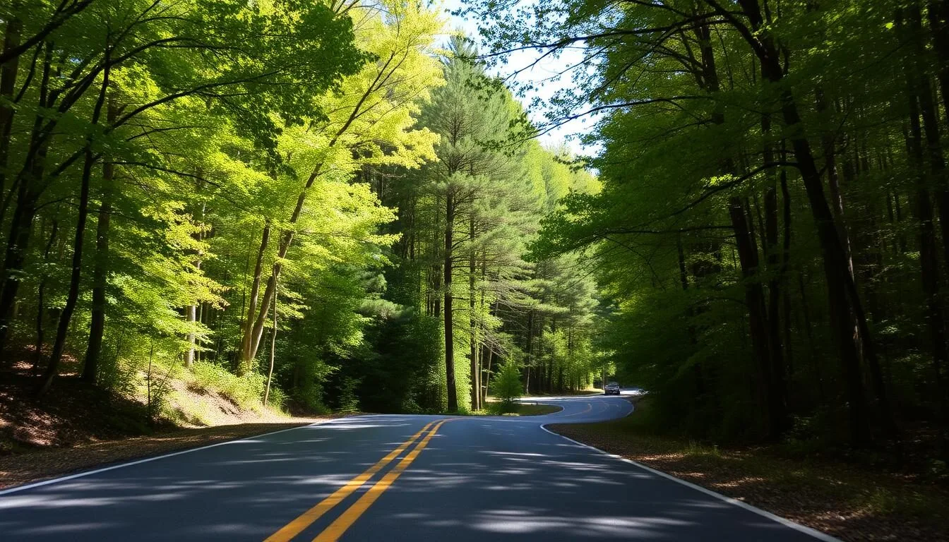 Scenic-road-leading-to-Lyman-Run-State-Park-with-directional-signage-and-forested-surroundings Scenic road leading to Lyman Run State Park with directional signage and forested surroundings