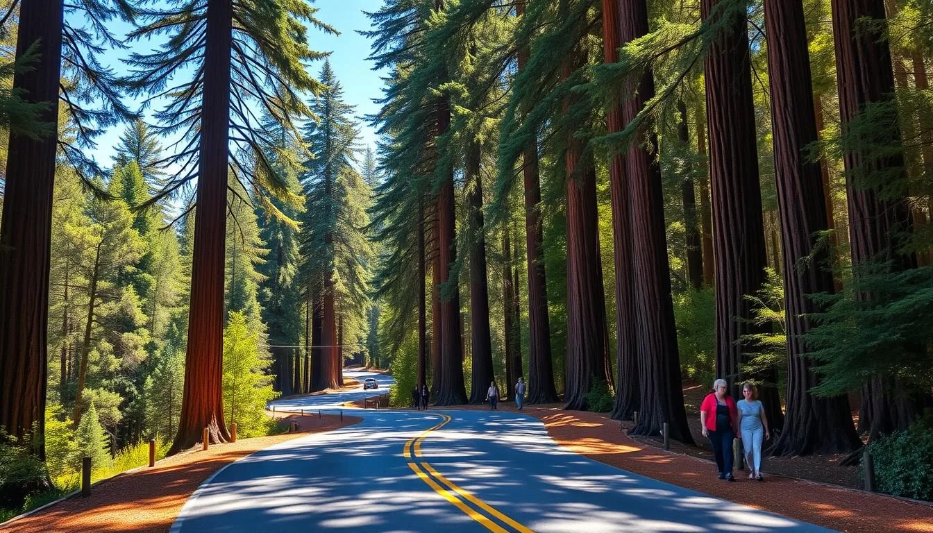 Scenic-road-leading-to-Mendocino-Woodlands-State-Park-with-redwood-trees-lining-the-route-on-a- Scenic road leading to Mendocino Woodlands State Park with redwood trees lining the route on a sunny day