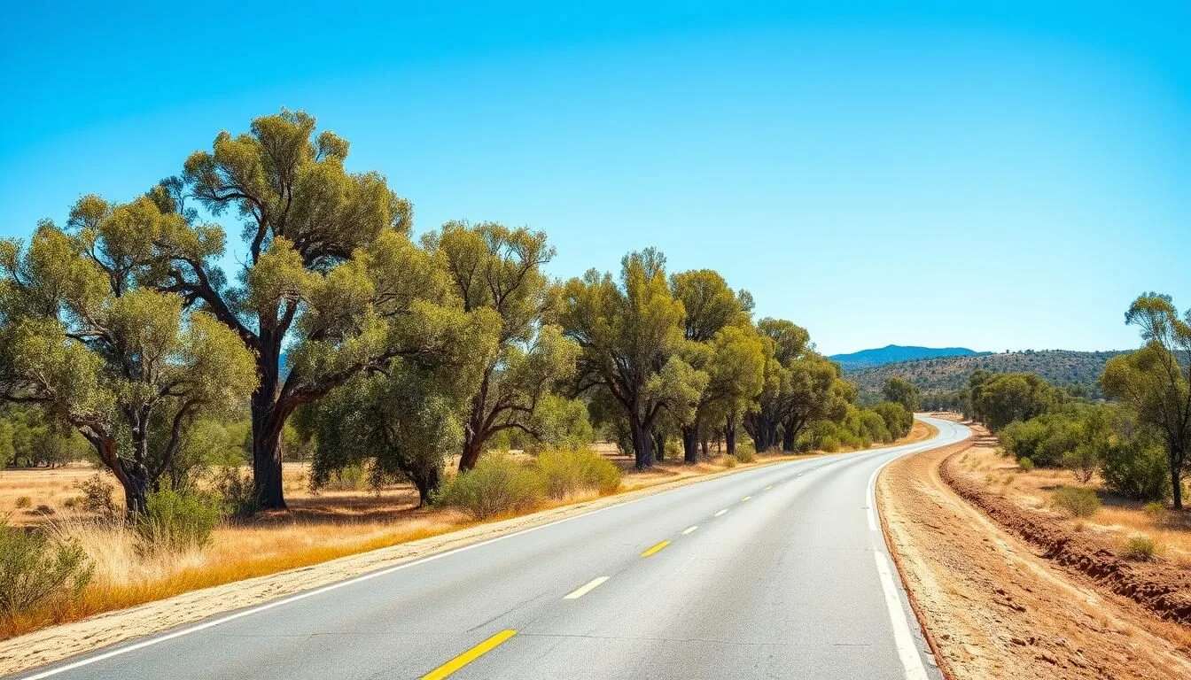 Scenic-road-leading-to-Naracoorte-Caves-National-Park-entrance-with-eucalyptus-trees-lining-the Scenic road leading to Naracoorte Caves National Park entrance with eucalyptus trees lining the route