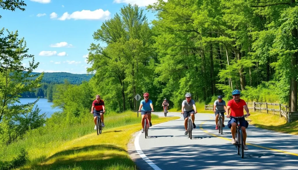 Scenic road near Foster Lake with cyclists enjoying the route Scenic road near Foster Lake with cyclists enjoying the route