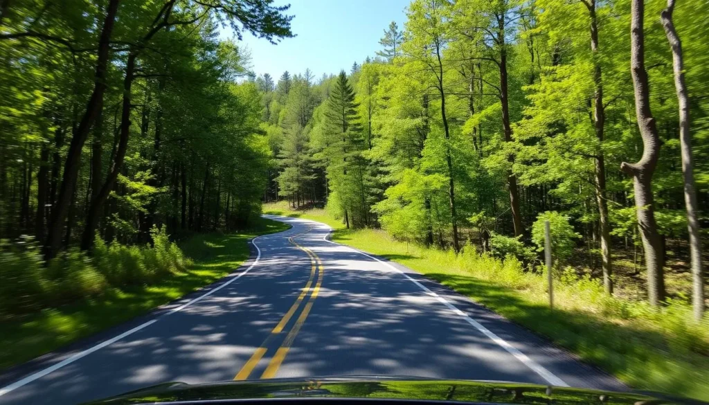 Scenic road through forested area near Lake Ariel with a car driving through Scenic road through forested area near Lake Ariel with a car driving through