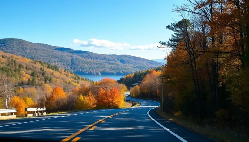 Scenic road through forested area near Lake Lacawac with fall colors Scenic road through forested area near Lake Lacawac with fall colors