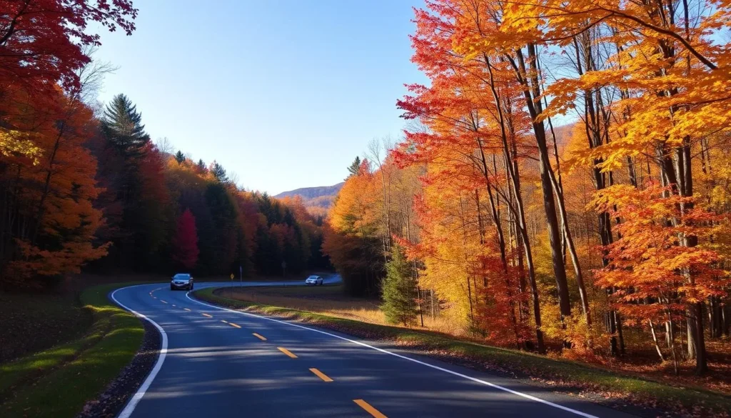 Scenic road through forested area near Lake Naomi with fall foliage