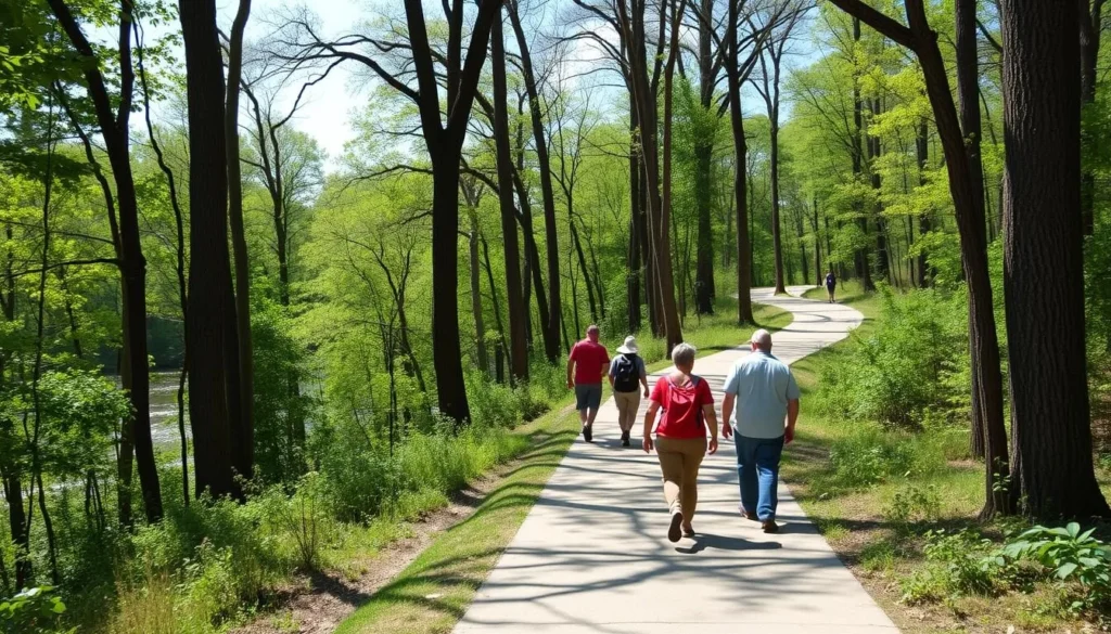 Scenic trail through Kaskaskia River State Park with hikers enjoying the natural surroundings Scenic trail through Kaskaskia River State Park with hikers enjoying the natural surroundings