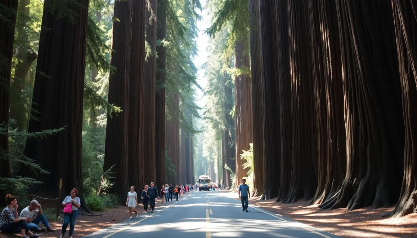 Scenic-view-of-Avenue-of-the-Giants-road-winding-through-towering-redwood-trees-in-Humboldt Scenic view of Avenue of the Giants road winding through towering redwood trees in Humboldt Redwoods State Park, California