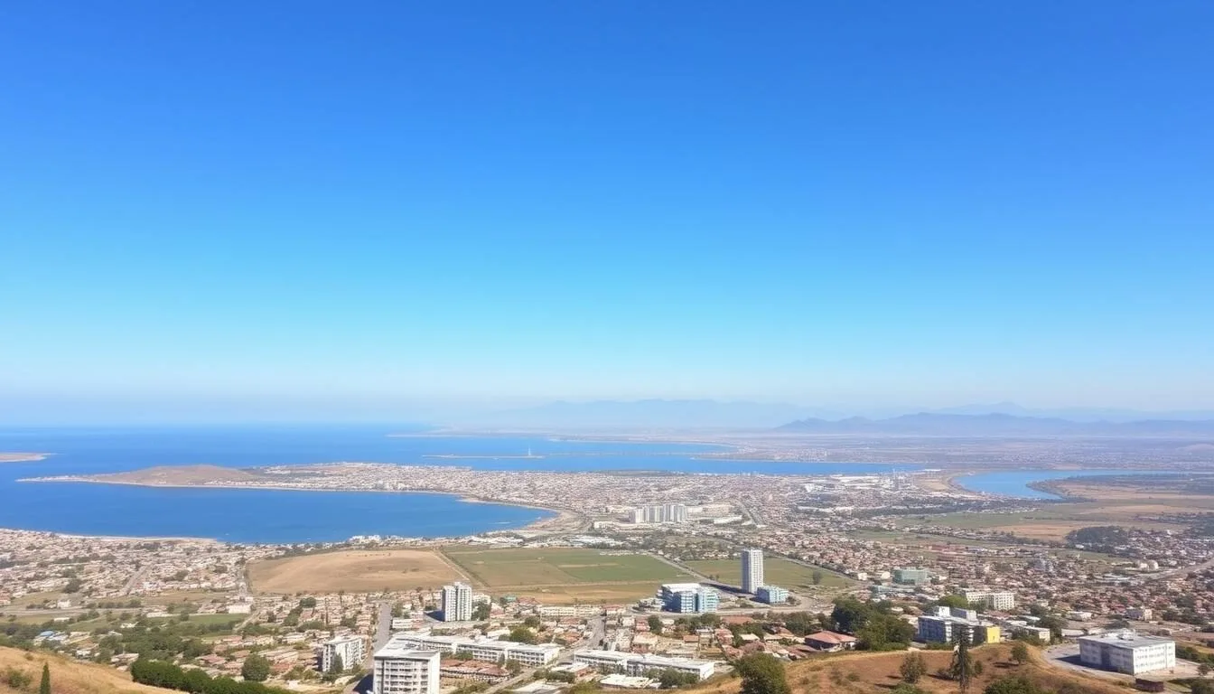 Scenic view of Awassa city with Lake Hawassa in the background on a clear sunny day