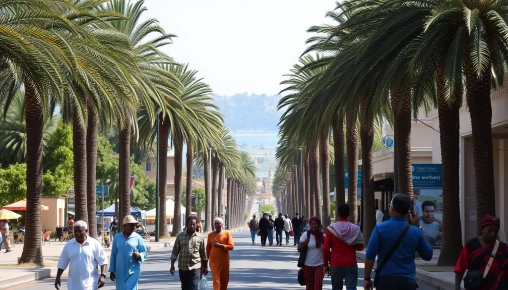 Scenic view of Bahir Dar Ethiopia showing palm-lined streets and Lake Tana in the background