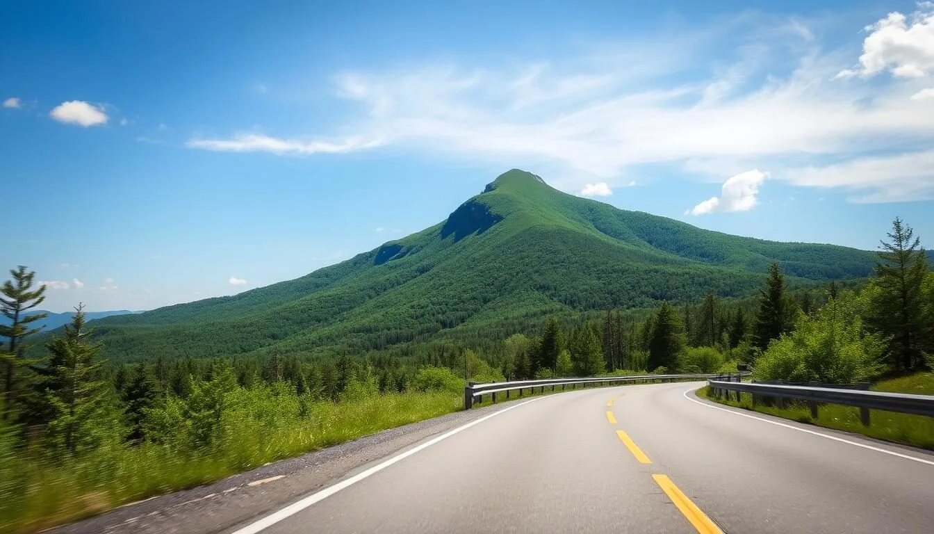 Scenic view of Bald Eagle Mountain Pennsylvania with winding road approaching the mountain on a clear day