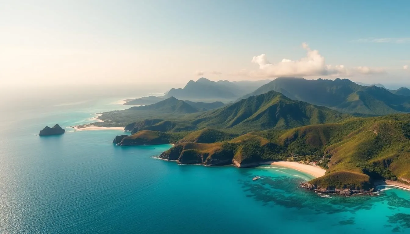 Scenic view of Balut Island coastline with clear turquoise waters and lush green mountains in the background