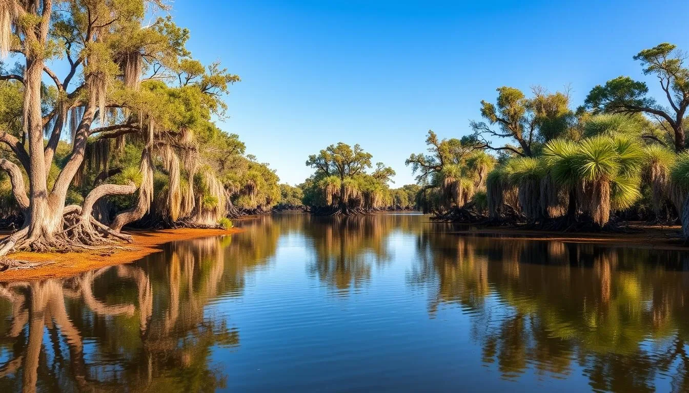 Scenic-view-of-Barataria-Preserve-Louisiana-bayou-with-cypress-trees-and-reflective-water Scenic view of Barataria Preserve Louisiana bayou with cypress trees and reflective water