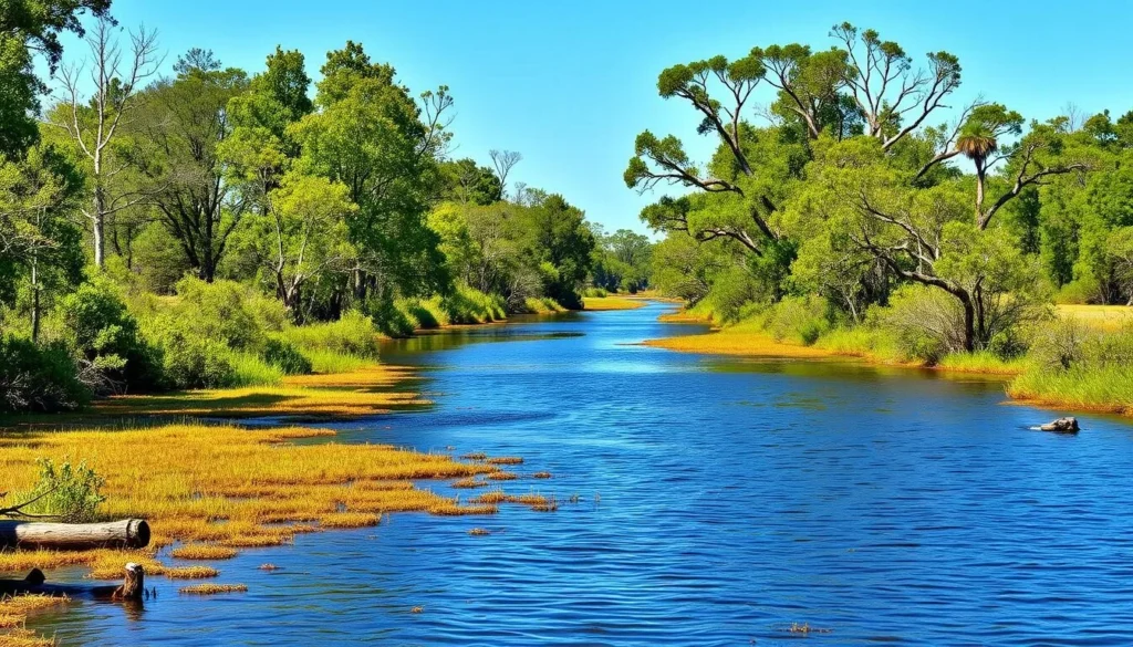 Scenic view of Bayou Bartholomew Louisiana landscape showing the natural beauty visitors can expect Scenic view of Bayou Bartholomew Louisiana landscape showing the natural beauty visitors can expect