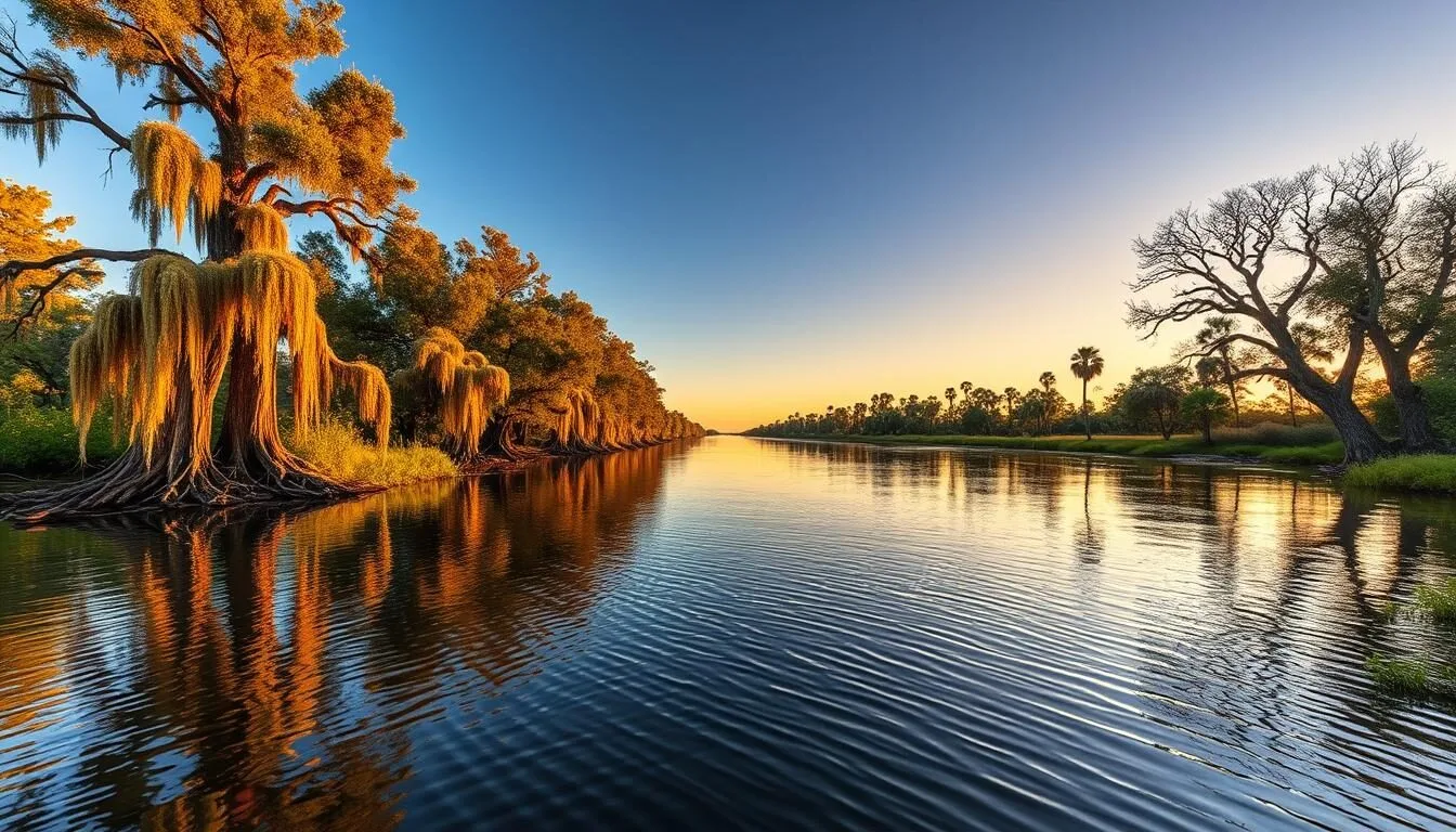 Scenic-view-of-Bayou-Bartholomew-Louisiana-with-cypress-trees-and-still-waters-at-sunset Scenic view of Bayou Bartholomew Louisiana with cypress trees and still waters at sunset