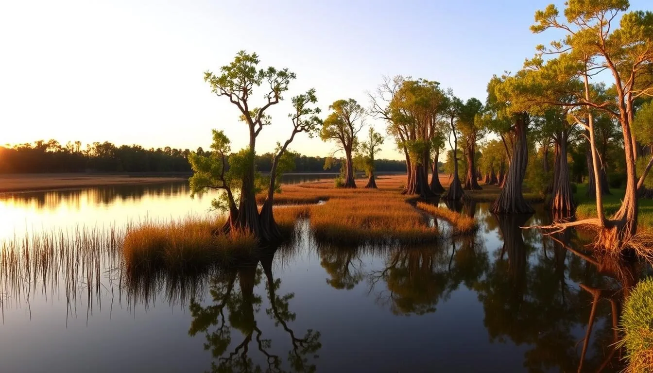 Scenic-view-of-Bayou-DArbonne-with-cypress-trees-reflecting-in-calm-waters-at-sunset Scenic view of Bayou D'Arbonne with cypress trees reflecting in calm waters at sunset