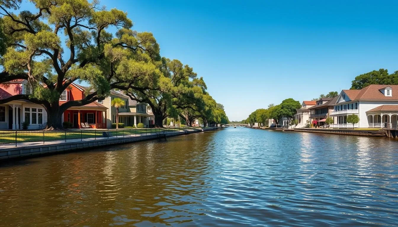 Scenic-view-of-Bayou-St.-John-waterway-with-historic-homes-and-lush-greenery-on-a-beautiful Scenic view of Bayou St. John waterway with historic homes and lush greenery on a beautiful sunny day in New Orleans, Louisiana