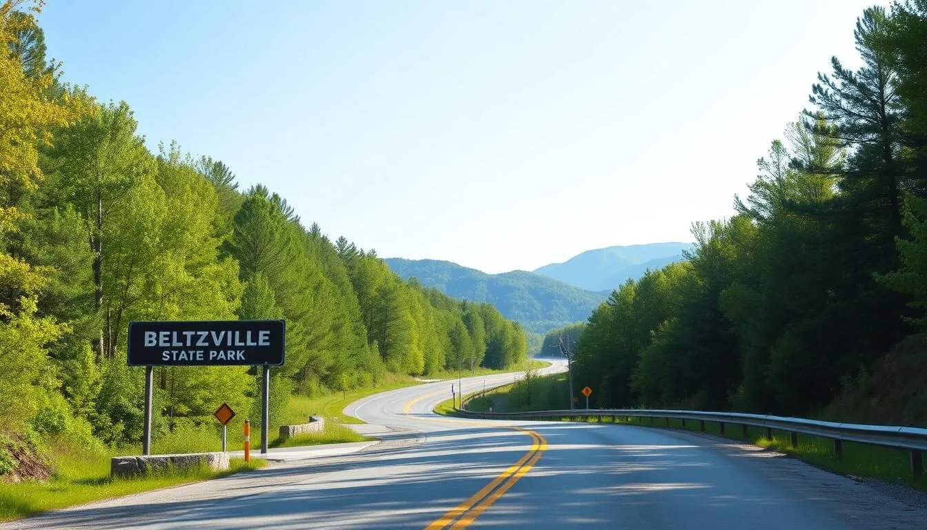 Scenic-view-of-Beltzville-State-Park-entrance-road-with-lush-green-forests-on-both-sides-and Scenic view of Beltzville State Park entrance road with lush green forests on both sides and mountains in the background