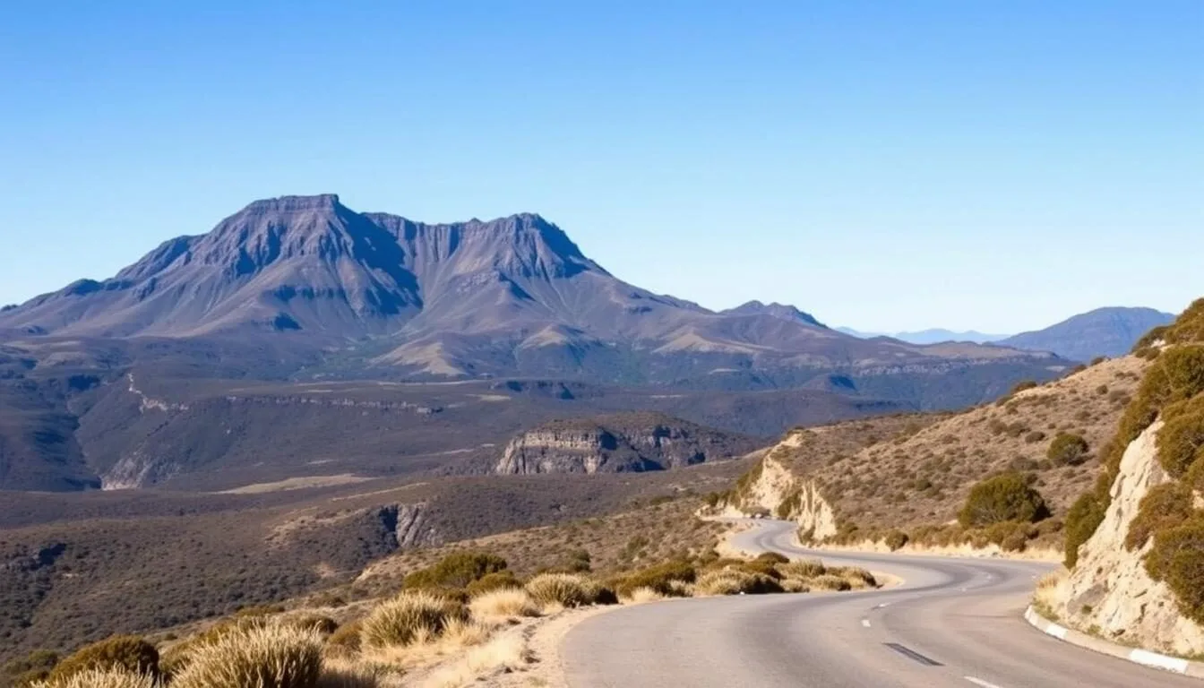 Scenic view of Ben Lomond National Park Tasmania with mountain plateau in background and winding road