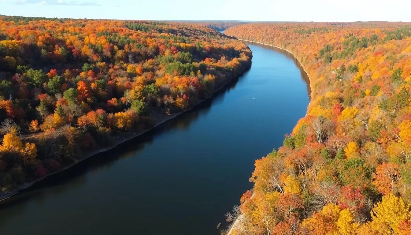 Scenic view of Big River State Park showing the Mississippi River and forested areas with fall foliage