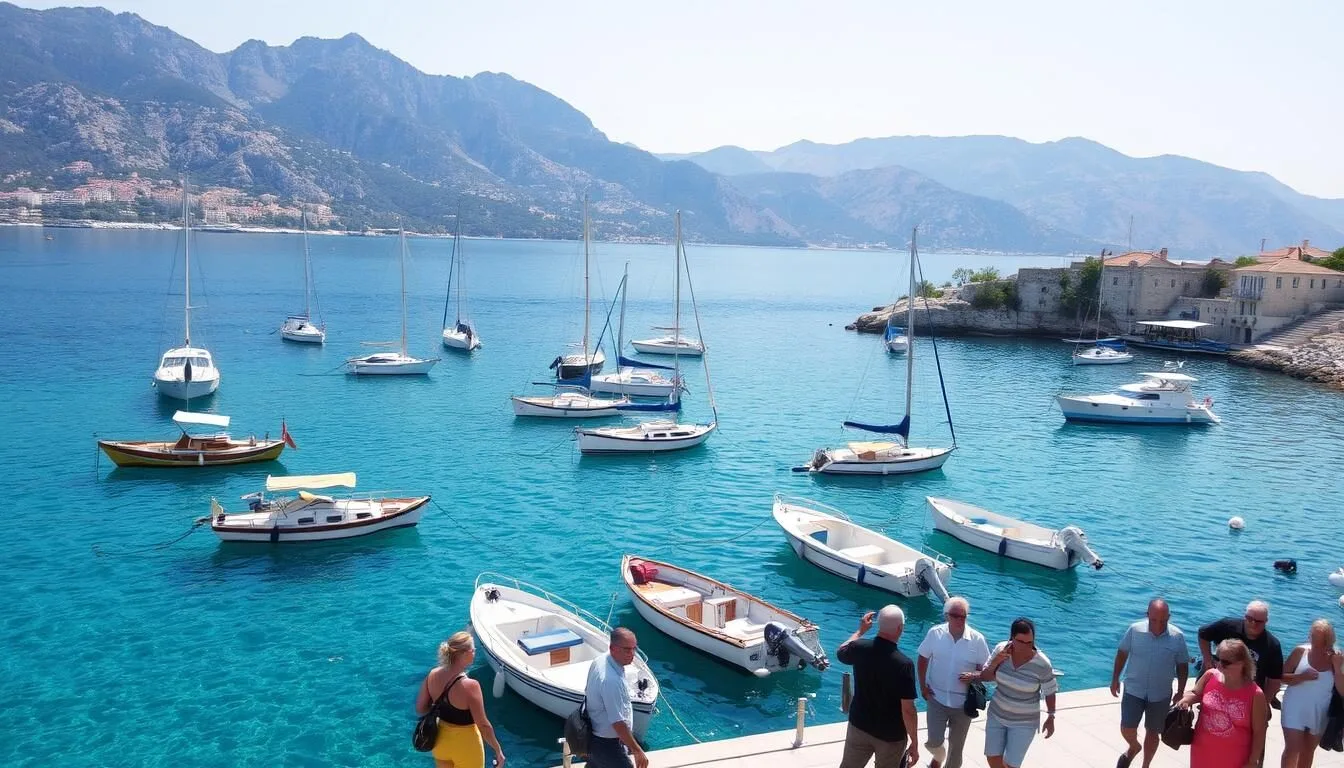 Scenic-view-of-Bol-Croatia-harbor-with-boats-and-clear-turquoise-water Scenic view of Bol Croatia harbor with boats and clear turquoise water