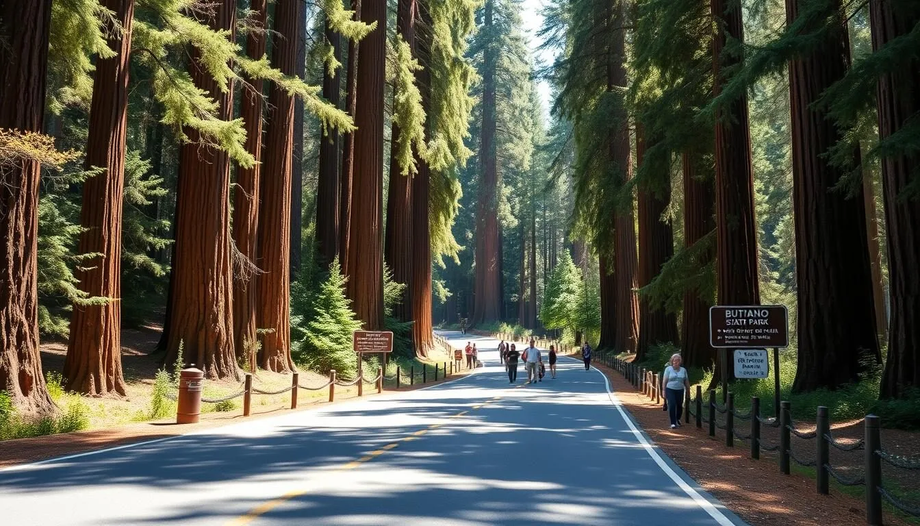 Scenic-view-of-Butano-State-Park-entrance-road-with-redwood-trees-lining-both-sides-on-a-sunny- Scenic view of Butano State Park entrance road with redwood trees lining both sides on a sunny day