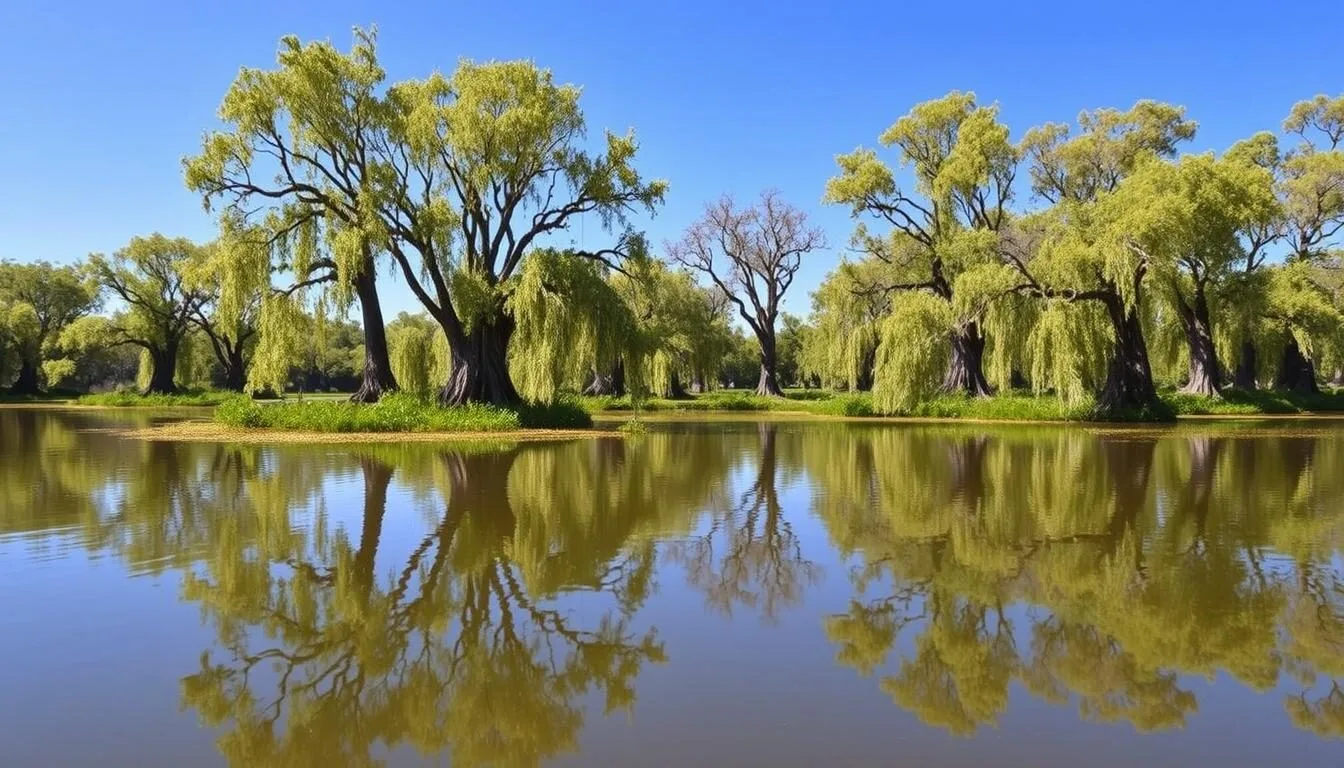 Scenic view of Cache River Nature Preserve Illinois with cypress trees reflected in still water on a sunny day
