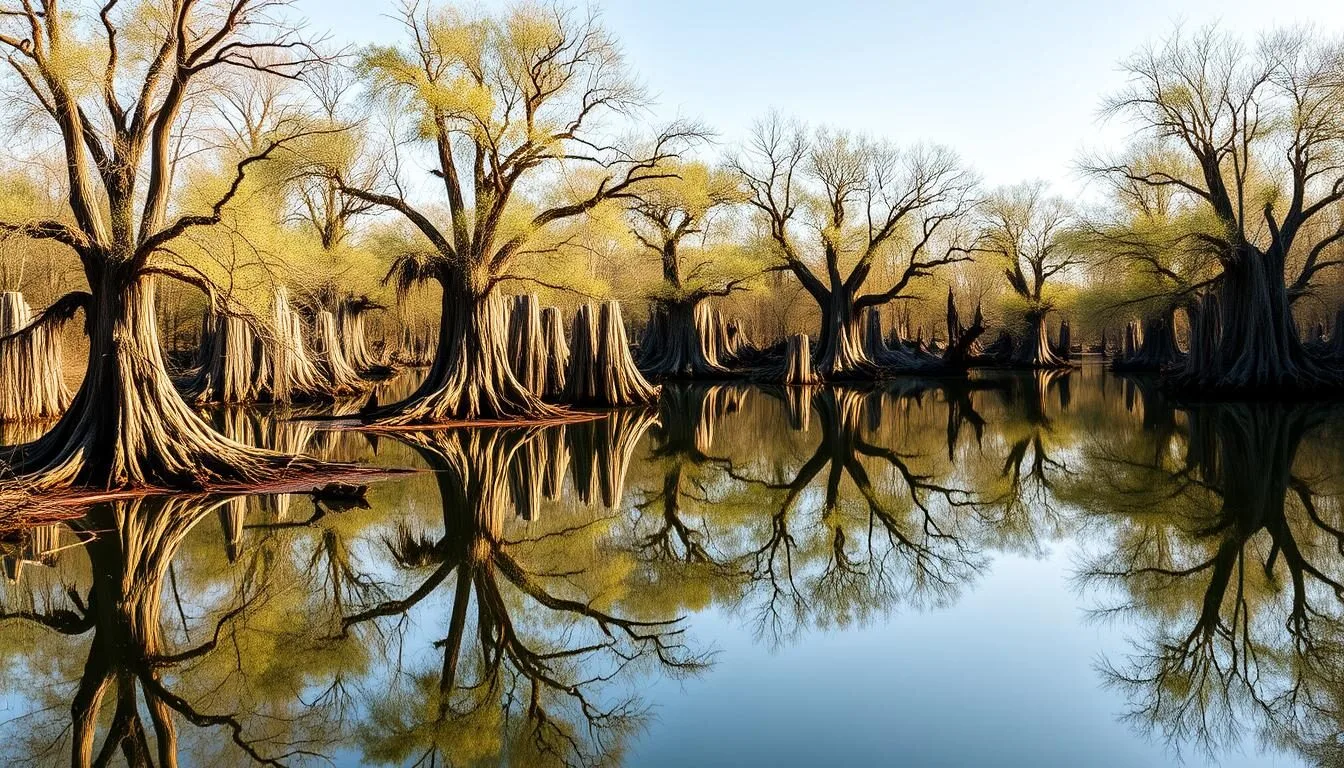 Scenic-view-of-Cache-River-State-Park-wetlands-with-cypress-trees-reflected-in-still-water Scenic view of Cache River State Park wetlands with cypress trees reflected in still water