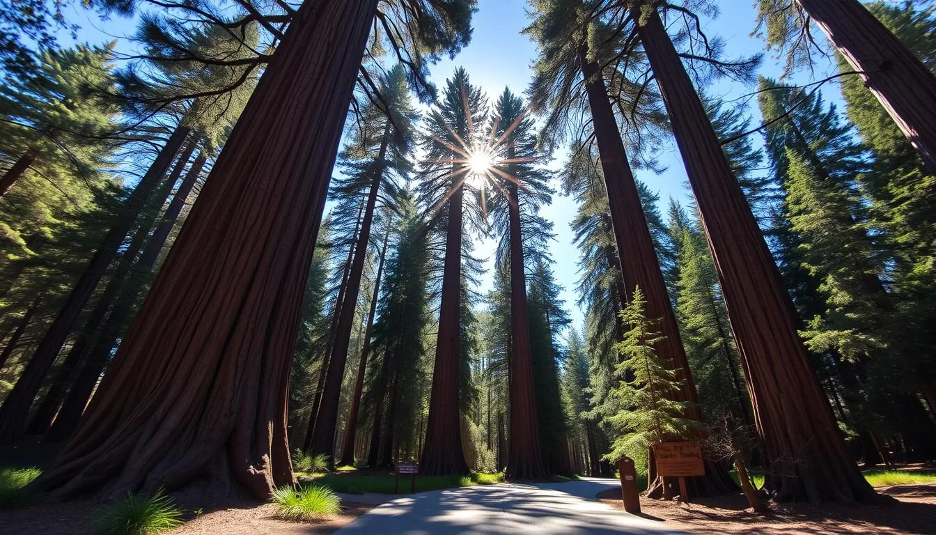 Scenic-view-of-Calaveras-Big-Trees-State-Park-entrance-area-with-giant-sequoias-visible-along-a Scenic view of Calaveras Big Trees State Park entrance area with giant sequoias visible along a forest path on a sunny day
