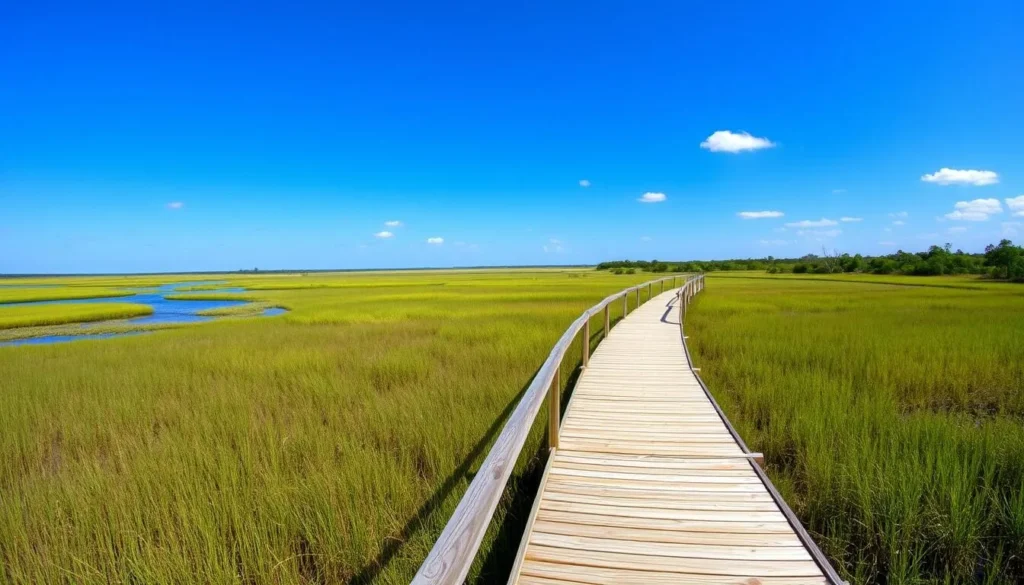 Scenic view of Cameron Prairie Wetlands Louisiana landscape with boardwalk