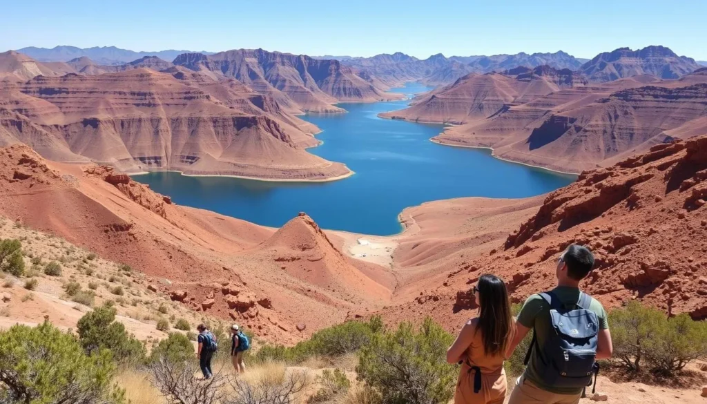 Scenic view of Canyon Lake from a hiking trail showing the winding lake surrounded by desert mountains