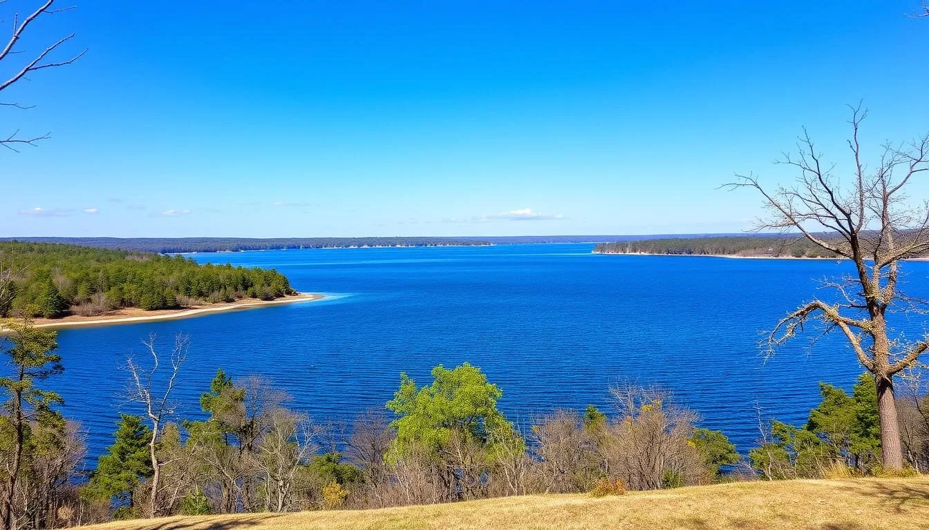 Scenic view of Carlyle Lake State Park with lush green shoreline and blue water on a sunny day