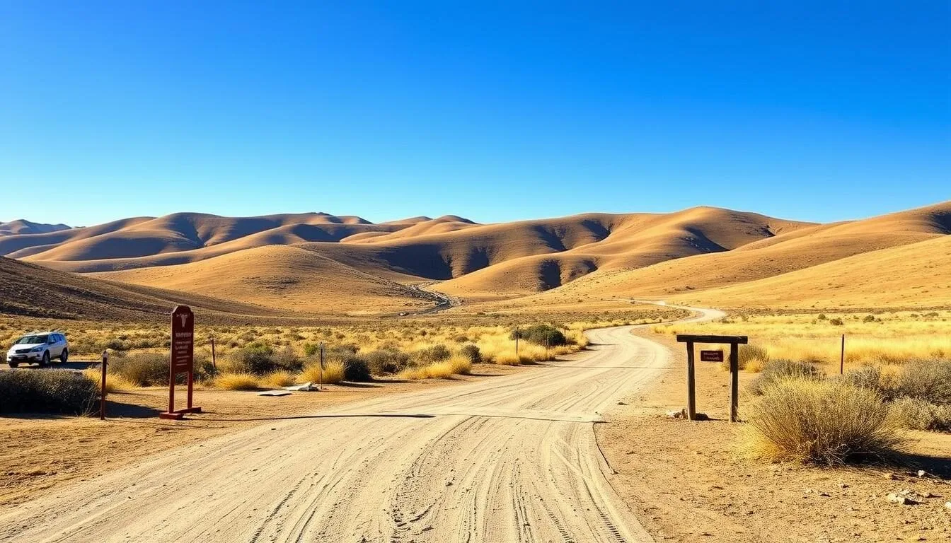 Scenic-view-of-Carnegie-State-Vehicular-Recreation-Area-entrance-with-rolling-hills-and-trails- Scenic view of Carnegie State Vehicular Recreation Area entrance with rolling hills and trails in the background