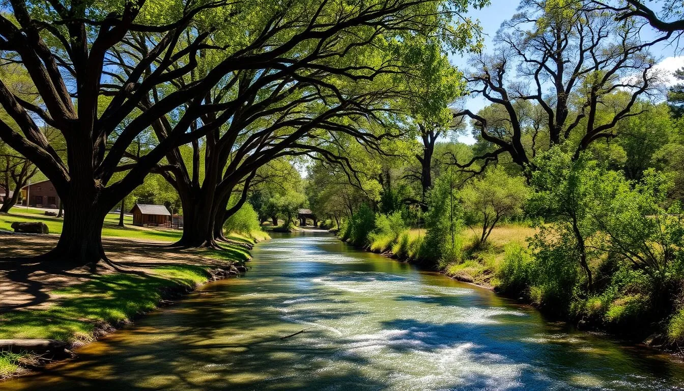 Scenic-view-of-Caswell-Memorial-State-Park-showing-the-Stanislaus-River-flowing-through-lush Scenic view of Caswell Memorial State Park showing the Stanislaus River flowing through lush riparian oak woodland on a beautiful sunny day