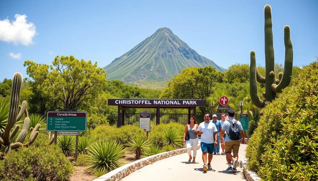 Scenic view of Christoffel National Park Curacao entrance area with tropical vegetation and mountains in the background