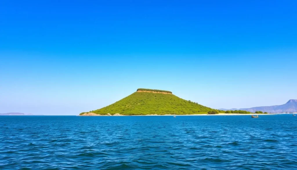 Scenic view of Daga Island during the dry season with clear blue skies and calm waters of Lake Tana
