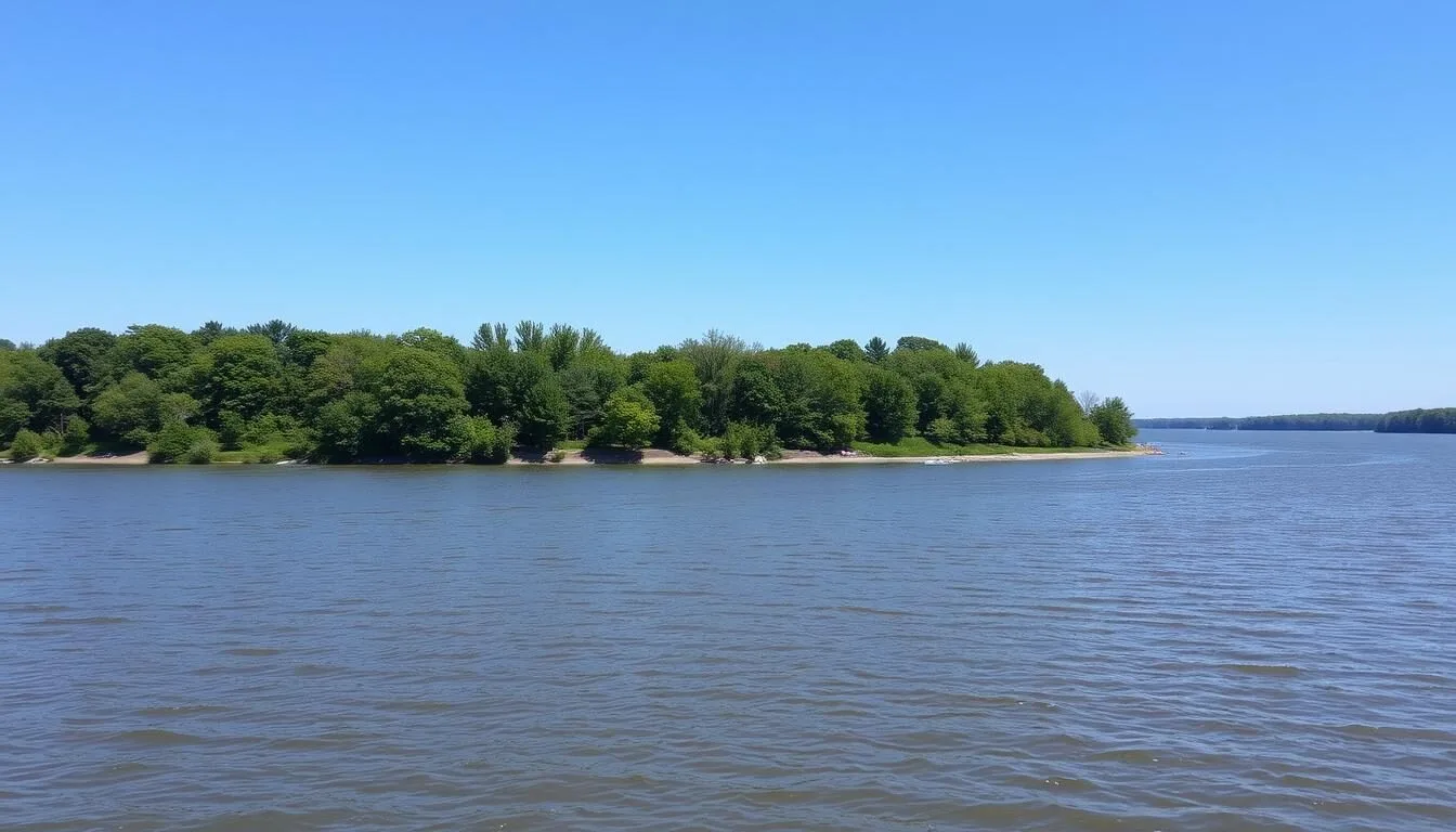 Scenic view of Delabar State Park showing the Mississippi River with lush green trees along the shoreline on a beautiful sunny day