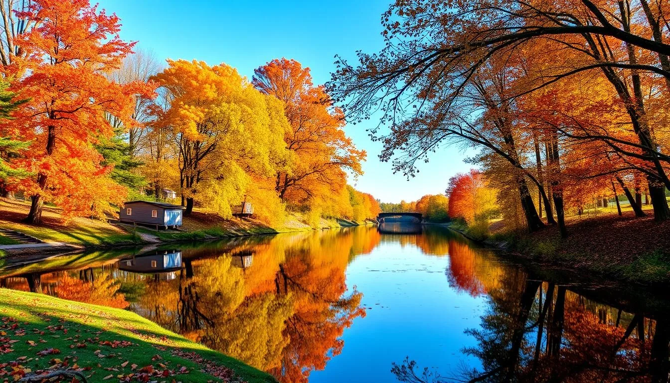 Scenic-view-of-Delaware-Canal-State-Park-with-fall-foliage-and-water-reflections Scenic view of Delaware Canal State Park with fall foliage and water reflections