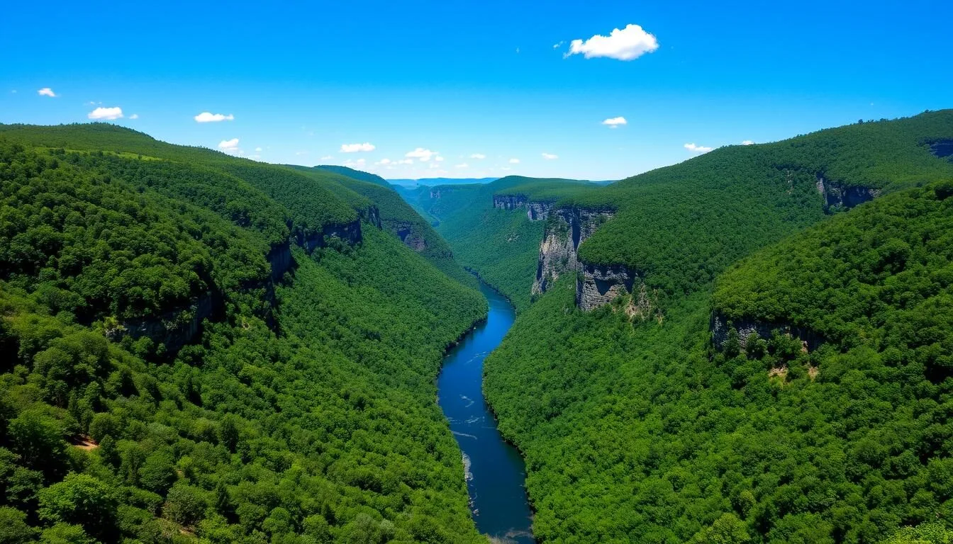 Scenic view of Delaware Water Gap National Recreation Area showing the river cutting through mountains